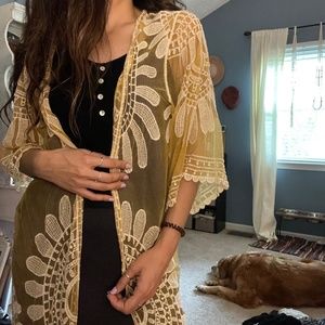 Embroidered lace kimono cardigan